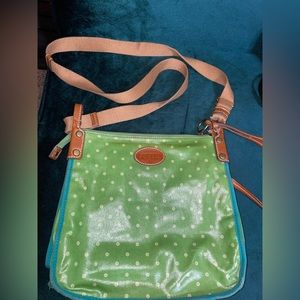 Great condition! Green/white dot Fossil Crossbody Bag with purple lining